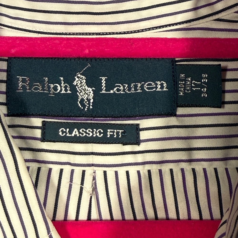 Polo Ralph Lauren Button Down 17 34/35 White Navy Purple Stripe Classic Shirt - Picture 3 of 7